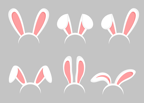 Vector illustration set of Easter bunny cartoon ears. Animal bunny, rabbit mask ears collection in flat cartoon style