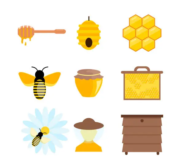 Vector illustration of Vector illustration of colorful pictures and elements of honey bumble, others symbols of apiculture. Bee and sweet yellow honey in flat cartoon style.
