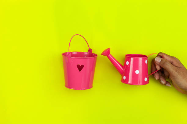 istock Hand hold Pink watering can isolated on a yellow background. 989452950