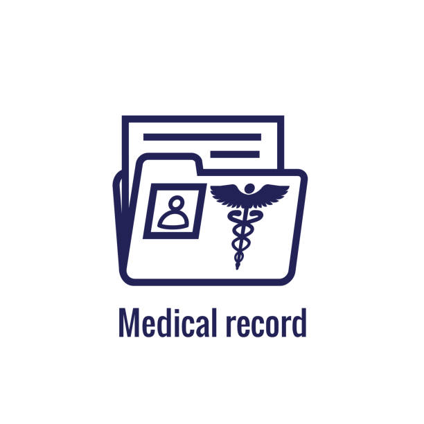 medical records icon z caduceus i osobistych zdjęć rekord zdrowia w phr, emr, jej - medical record stock illustrations