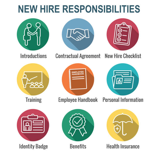 ilustrações de stock, clip art, desenhos animados e ícones de new employee hiring process icon set   w checklist, handshake, training, etc - onboarding