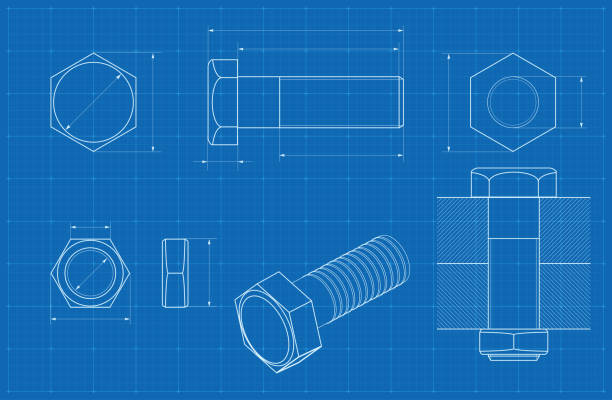 rysunek techniczny metalowej śruby na papierze milimetrowym - screw bolt nut work tool stock illustrations