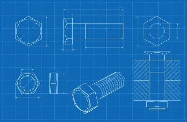 Vector illustration of Metal bolt technical drawing on blueprint graph paper