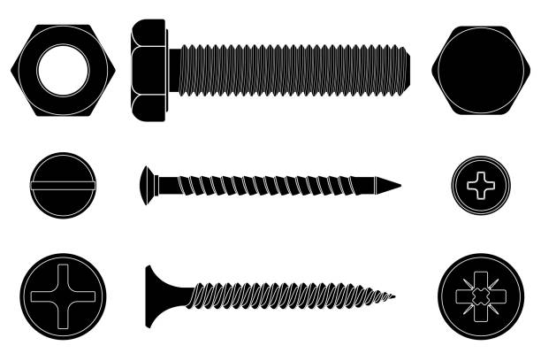 illustrations, cliparts, dessins animés et icônes de vis de boulon en métal. collection d’icônes noirs - work tool bolt nut symbol