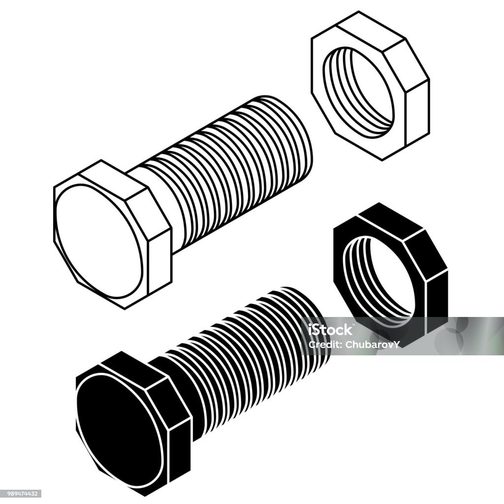Bolt with nut. Outline drawing Bolt with nut. Outline drawing. Vector illustration isolated on white background Screw stock vector