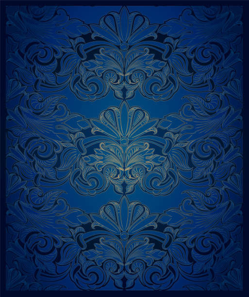 ilustraciones, imágenes clip art, dibujos animados e iconos de stock de vintage fondo vertical en un azul de ultramar azul oscuro con oro, con un patrón clásico en el estilo barroco - retro revival decoration gold vector