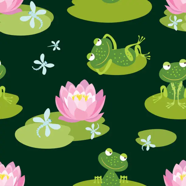 Vector illustration of Pattern of funny frogs on a flowering pond