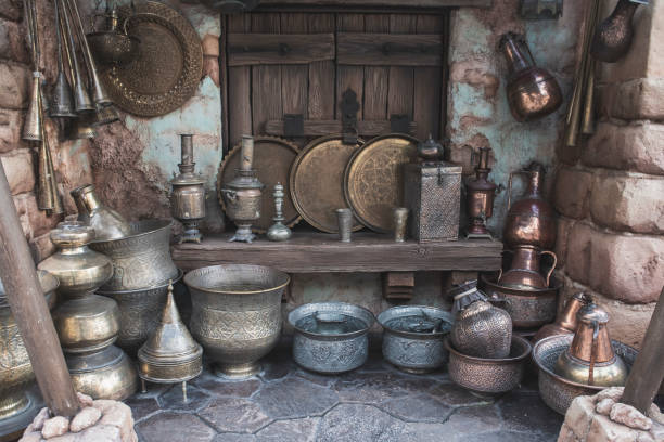 istock Old Antique Arabian brassware, pots, plates, decorations. 989510370