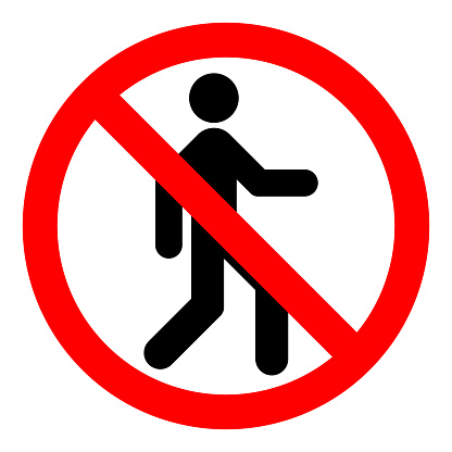 NO ENTRY sign. Strikethrough human silhouette on red circle. Vector icon.