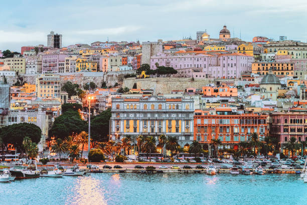 Cagliary cityscape and architecture with Mediterranean Sea in Sardinia Italy Cagliary cityscape and architecture with Mediterranean Sea in Sardinia island, Summer Italy sardinia stock pictures, royalty-free photos & images