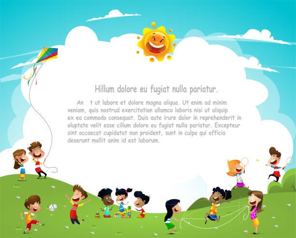 Happy cartoon kids having fun together on playground vector art illustration