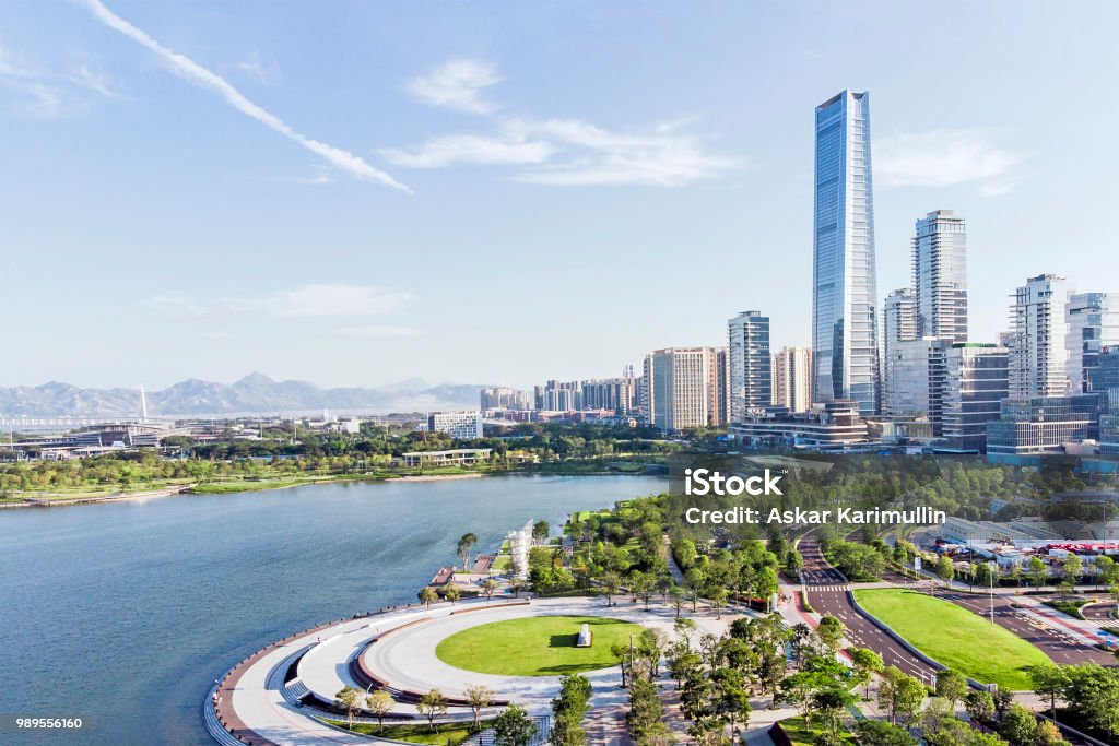 Skyline of Shenzhen Bay and Buildings and Park Skyline of Shenzhen Bay and Buildings. New Property Development and Urban Park. Shenzhen Stock Photo