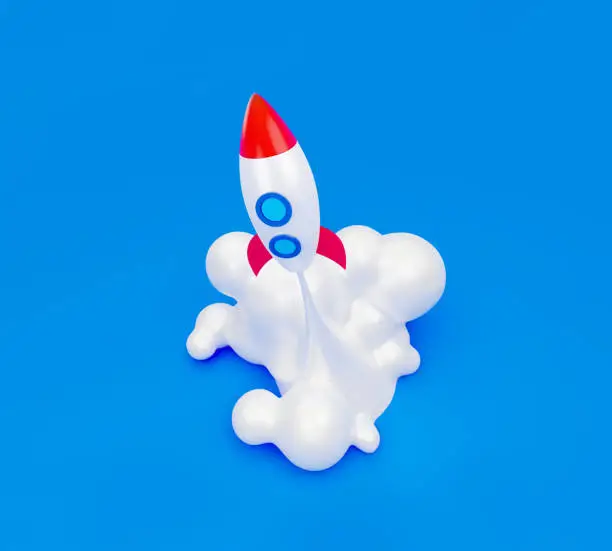 Spaceship rocket launching on the blue background. Successful business startup. 3d render illustration.