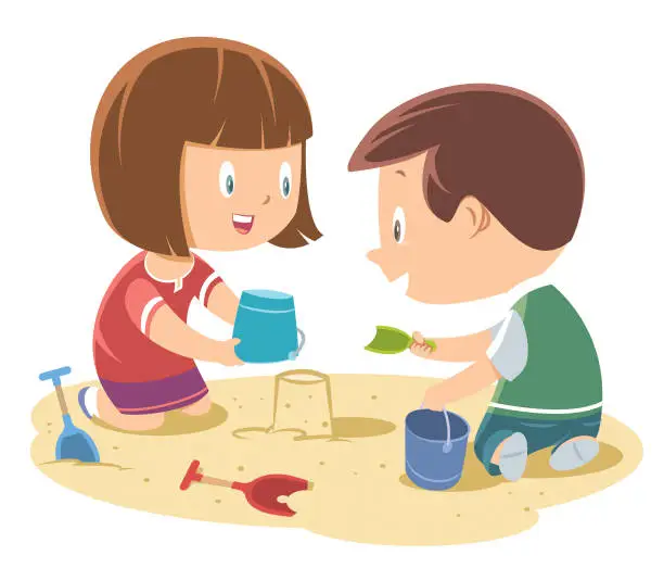 Vector illustration of children playing in the sand