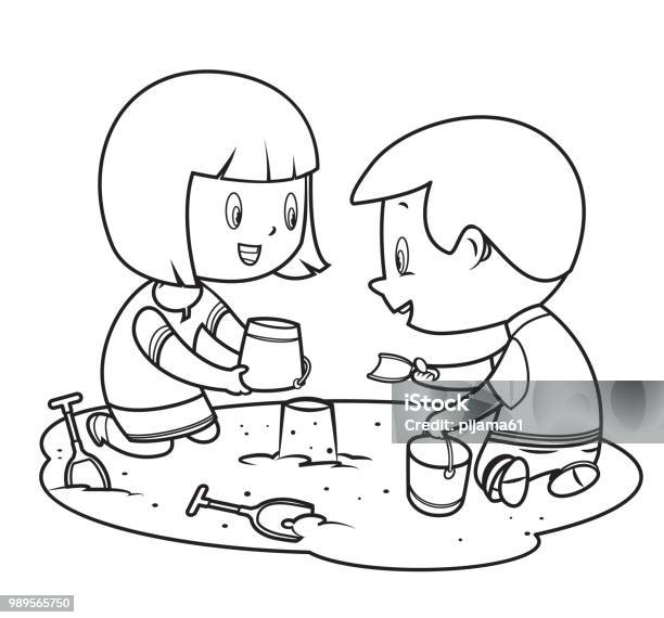 Coloring Book Children Playing In The Sand Stock Illustration - Download Image Now - Coloring, Coloring Book Page - Illlustration Technique, Child