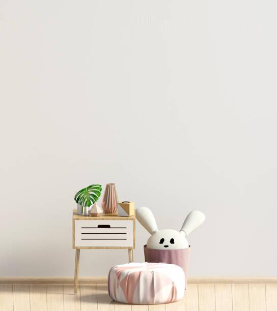 istock Modern interior with coffee table and puff. Wall mock up. 3d illustration. 989609470
