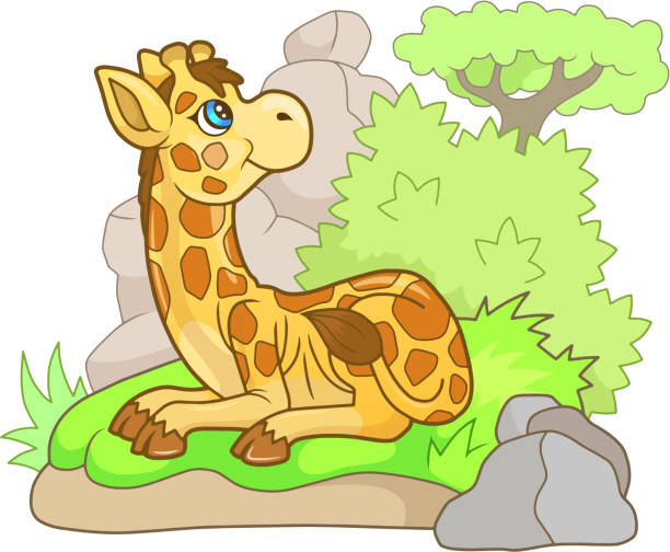cute giraffe lies on the ground, funny illustration cartoon cute giraffe lies on the ground, funny illustration giraffe calf stock illustrations