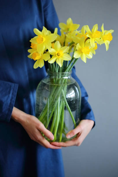 istock Blooming daffodil in glass jar in woman hands 989620764