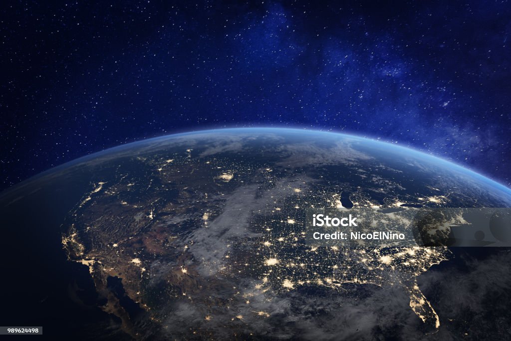 América del norte en la noche vista desde el espacio con luces de la ciudad mostrando actividad humana en Estados Unidos (USA), Canadá y México, Nueva York, California, representación 3d del planeta tierra, elementos de la NASA - Foto de stock de EE.UU. libre de derechos