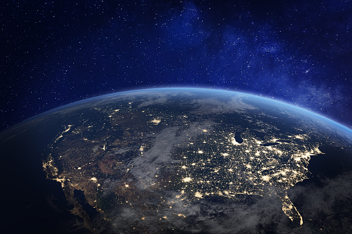 North America at night viewed from space with city lights showing human activity in United States (USA), Canada and Mexico, New York, California, 3d rendering of planet Earth, elements from NASA (https://eoimages.gsfc.nasa.gov/images/imagerecords/57000/57752/land_shallow_topo_2048.jpg)