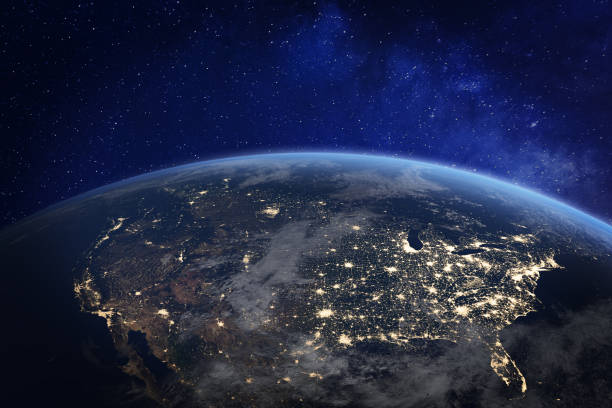 North America at night viewed from space with city lights showing human activity in United States (USA), Canada and Mexico, New York, California, 3d rendering of planet Earth, elements from NASA North America at night viewed from space with city lights showing human activity in United States (USA), Canada and Mexico, New York, California, 3d rendering of planet Earth, elements from NASA (https://eoimages.gsfc.nasa.gov/images/imagerecords/57000/57752/land_shallow_topo_2048.jpg) north america stock pictures, royalty-free photos & images
