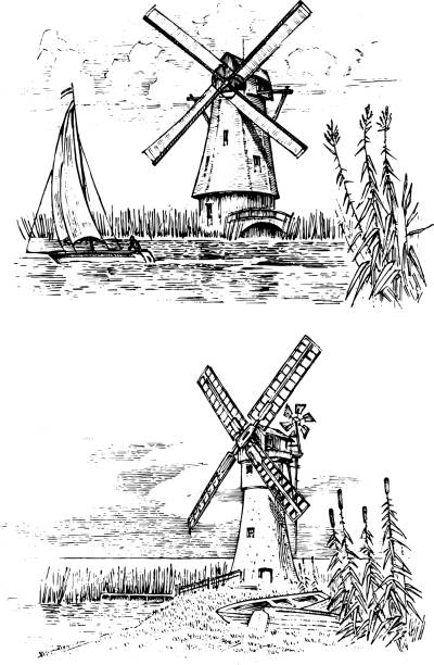istock Windmill landscape in vintage, retro hand drawn or engraved style, can be use for ecological bakery logo, wheat field with old building. Rural organic agricultural production. Vector illustration 989657440
