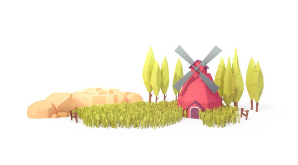 farm windmill country landscape low poly pastel minimal 3d illustration isolated on white background .