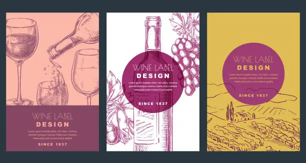 Vector illustration of Wine label design template. Sketch vector illustration of bottle, glass, grapes and vineyard field. Backgrounds set