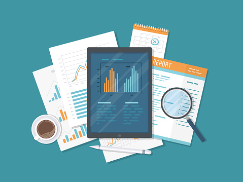 Mobile auditing, data analysis, statistics, research. Tablet with information on the screen, documents, report, calendar, magnifier, coffee. Growing Charts and Charts. Top view. Vector illustration.