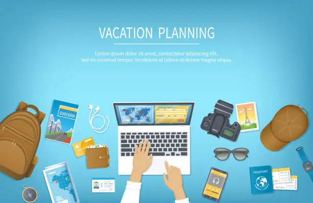 Vector illustration of Vacation planning, packing Check List, reservation, booking a hotel. Preparing for travel, journey, trip. Table with baggage, air ticket, passport, ID card, wallet, guidebook, camera, compas, map.