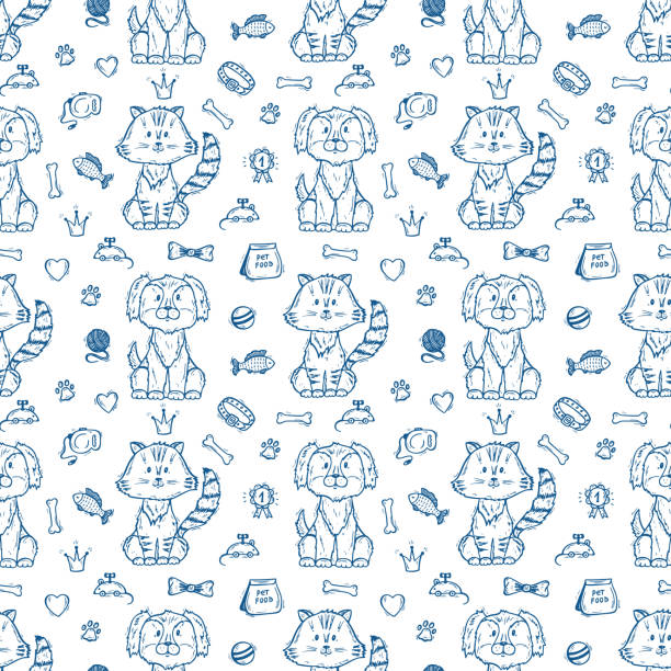 illustrations, cliparts, dessins animés et icônes de mignon de chiens et de chats ensemble. modèle seamless vector avec dessinés à la main doodle chiot et chaton et accessoires pour animaux de compagnie - tangled rope tied knot backgrounds