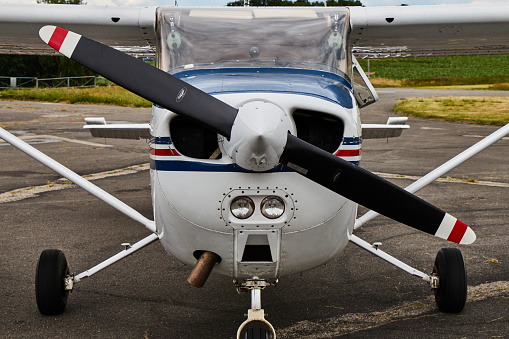 Single engine private plane (Aronca 7 AC) in flight.