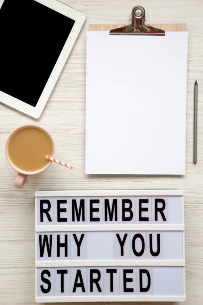 istock Feminine workspace with tablet, noticepad, sheet, latte and 'Remember why you started' words on lightbox over white wooden background, top view. 989713906