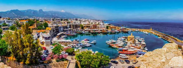 Kyrenia marina in Cyprus, as seen from the overlooking hill