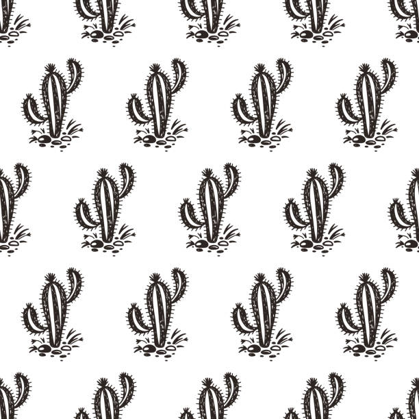 선인장 원활한 벡터 패턴입니다. 손으로 그린 낙서 선인장으로 멕시코 자연입니다. 사막 꽃 배경 - backgrounds repetition sand desert stock illustrations