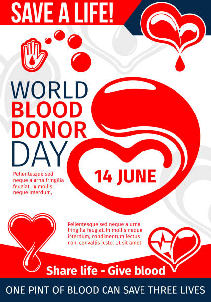 Donate Blood and Save Life medical banner design Donate Blood and Save Life medical banner for World Donor Day template. Red heart and helping hand with drop of donation blood and heartbeat line flyer for blood transfusion laboratory design health poster stock illustrations