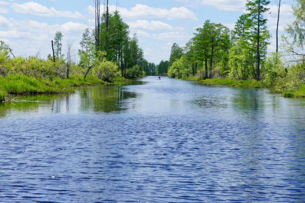 istock Blue River with Foliage and Clouds in the Sky 989764536