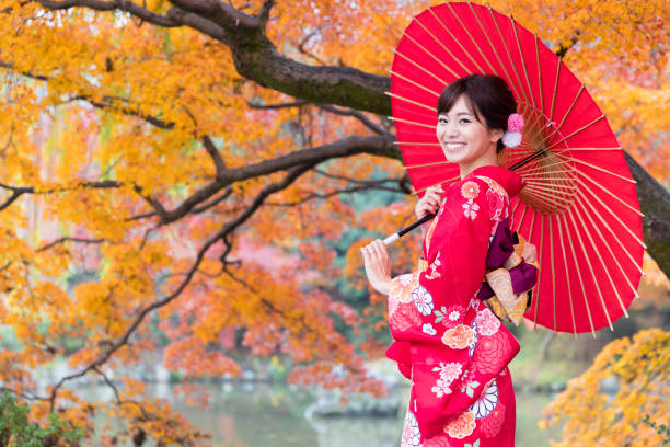 mujer asiática atractiva usando kimono en otoño - parasol umbrella asian ethnicity asian culture fotografías e imágenes de stock