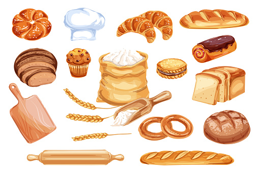 Bread watercolor icon of wheat food product. Loaf of rye and wheat bread, french baguette and croissant, cake, cupcake and toast, cookie, bun and bagel, flour bag, baker hat and wooden rolling pin