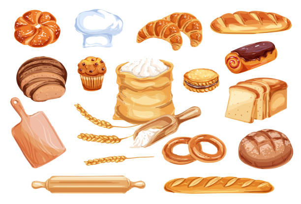 Bread watercolor icon of bakery and pastry food Bread watercolor icon of wheat food product. Loaf of rye and wheat bread, french baguette and croissant, cake, cupcake and toast, cookie, bun and bagel, flour bag, baker hat and wooden rolling pin baguette stock illustrations