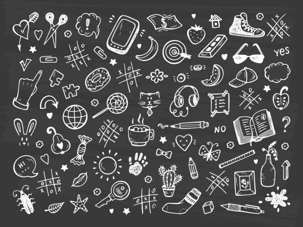 ilustrações de stock, clip art, desenhos animados e ícones de workplace concept. icons set. mess on the table. messy desk. hand drawn doodle tic tac toe, stationery, food and other items that are on desktop. back to school. vector illustration - chalk drawing