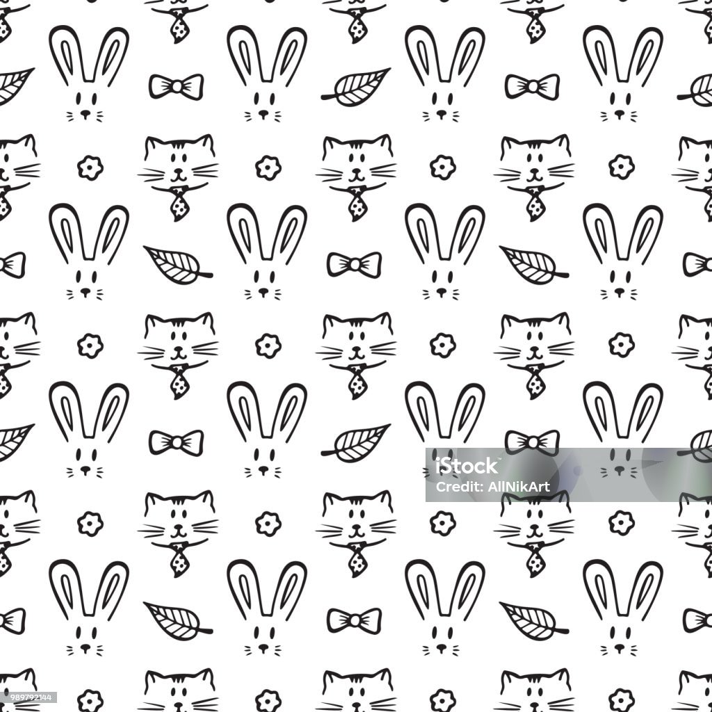 Patterns Cat Or Rabbit Cats And Rabbits Vector Seamless Pattern Hand Drawn Doodle Pets Animal ...