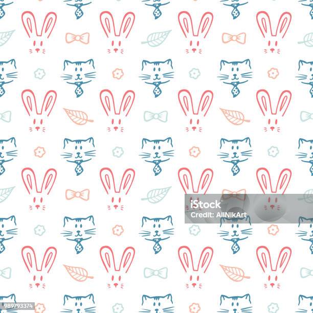 Patterns Cat Or Rabbit Cats And Rabbits Vector Seamless Pattern Hand Drawn Doodle Pets Animal ...