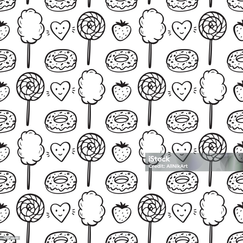 Sweet Food Vector Background. Hand Drawn Doodle Donut, Strawberry, Cotton Candy, Lollipop and Hearts Seamless pattern Cotton Candy stock vector