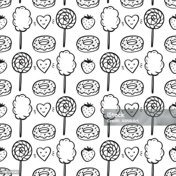 Sweet Food Vector Background Hand Drawn Doodle Donut Strawberry Cotton Candy Lollipop And Hearts Seamless Pattern Stock Illustration - Download Image Now
