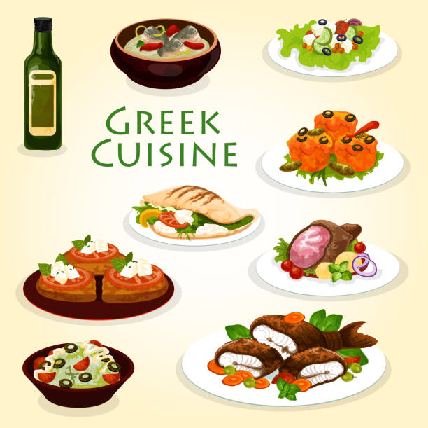 griechischen abendessen symbol mit dem mediterranen küche essen - mediterranean cuisine stock-grafiken, -clipart, -cartoons und -symbole