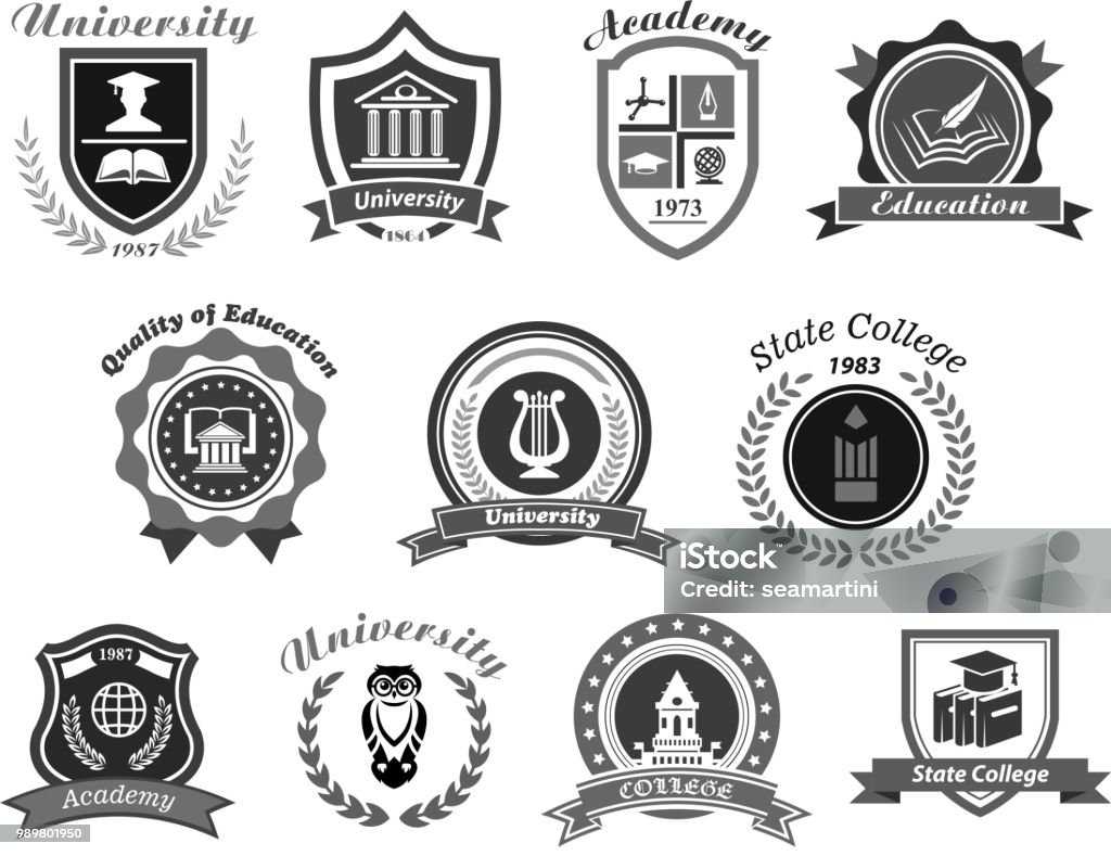 Vector icons set for college or state university University, college and academy vector icons. Badge shields for high school education graduates in science, music and law. Ribbons of bachelor hat, laurel wreath, book pen and owl Insignia stock vector