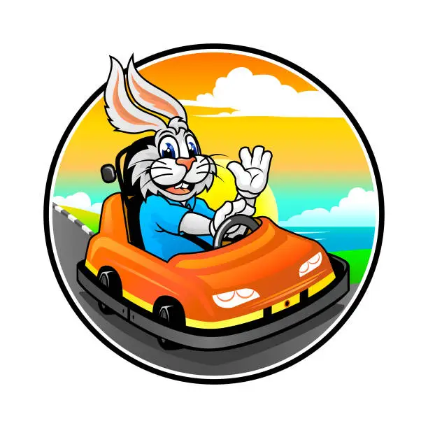 Vector illustration of Cartoon rabbit in bumper car at sunset background