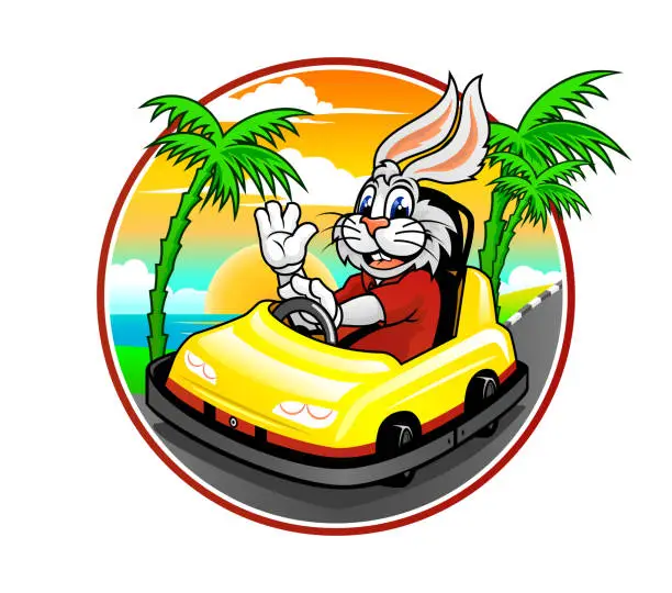 Vector illustration of Cartoon rabbit in bumper car at sunset background with palm trees