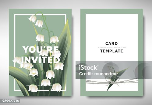 istock Greeting/invitation card template design, lily of the valley flowers with leaves on green background, organic/nature theme 989927716